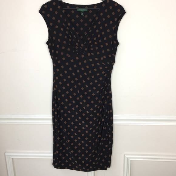 LRL Black Dress Brown Diamond Print Faux Wrap 8 - Picture 1 of 8
